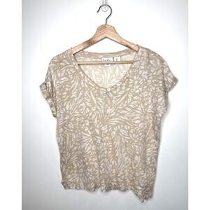Nicole Miller Top Small Tan 100% Linen Floral Boho Artsy Coastal Lagenlook‎ Boxy